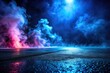 © Sayfar - Dark blue asphalt scene with neon lights and smoke from a low angle view