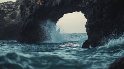 dark moody coastal sea cave with crashing waves and dramatic lighting