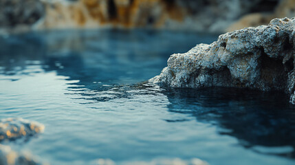 closeup view of a calm teal lake with rocky shoreline in the background