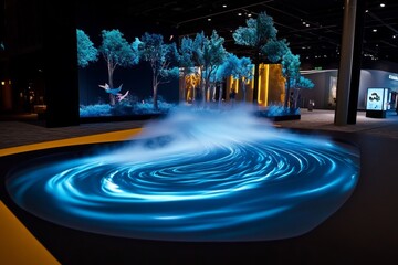 Futuristic fog in a virtual forest, where the mist is created by augmented reality, blending seamlessly with holographic trees and digital wildlife for a surreal, immersive experience