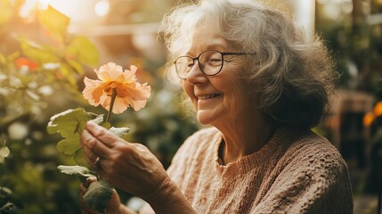 Elderly woman smiling at a flower in her garden, gratitude and joy, warm tones.