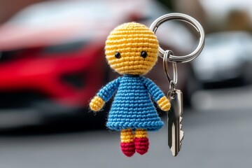 Tiny crochet doll keychain, with a simple, unadorned design, attached to a plain, minimalist key ring with no additional accessories