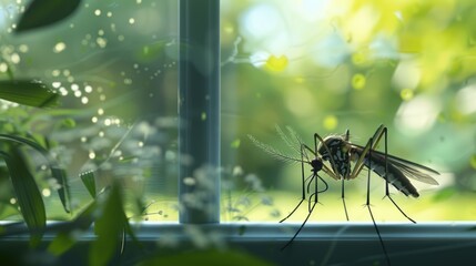 Canvas Print - A Mosquito Perched on a Window Sill with a Blurred Green Background