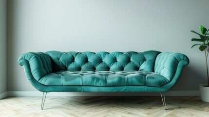 Canvas Print - Teal Velvet Sofa with Metal Legs in a Minimalist Interior