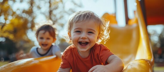 Two happy toddlers playing on a yellow slide at the park.