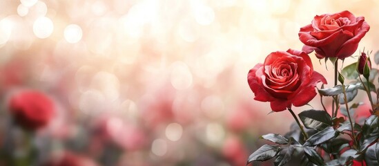 Wall Mural - Two red roses in bloom against a soft, bokeh background.