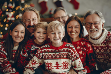 joyful extended family gathers for group photo, all wearing matching festive sweaters. warm atmosphere and smiles capture essence of togetherness during holiday season