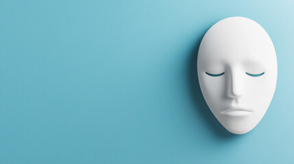 A white mask with closed eyes rests against a soothing blue background, symbolizing tranquility and the importance of mental health support and coping mechanisms, copy space