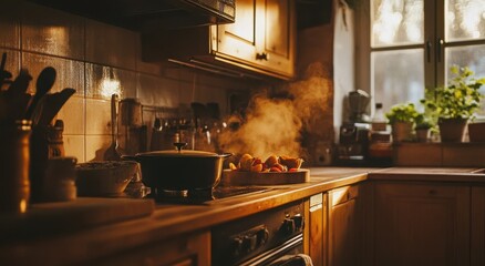 Cozy kitchen with warm sunlight highlighting a steaming pot and fresh vegetables on the countertop.