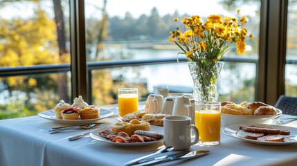 A breakfast table set with a variety of foods, including pastries, fruit, and orange juice, with a window view of a lake and trees.