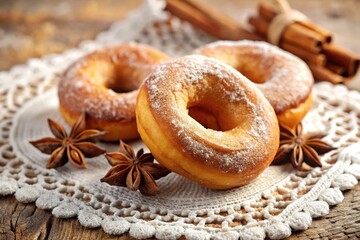 Wall Mural - Delicious cinnamon donuts with star anise on a decorative lace doily