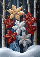 Canvas Print - Stunning Winter Forest Scene with Colorful Maple Leaves in Snow: A Captivating Blend of Autumn and Winter Elements