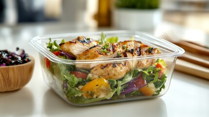 A clear plastic container filled with a healthy salad with grilled chicken and fresh vegetables on a white table.