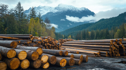 Piles of logs neatly stacked at a logging site, with a forested mountain range in the background 