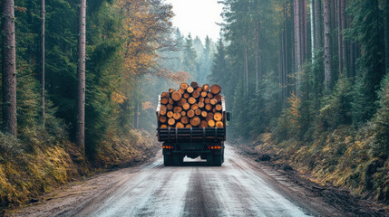 A truck loaded with logs driving down a forest road, with tall trees lining both sides 