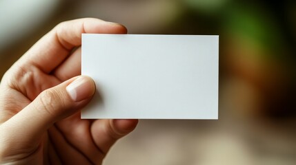 a hand holding a blank white business card with a blurred background.