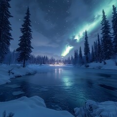 A magical winter night with the Northern Lights illuminating the snow-covered landscape.