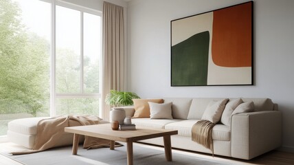 bright and modern living room featuring a cozy sofa, stylish decor, and large windows with a beautif