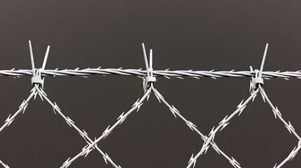 Prison Fence with Razor Wire: A high fence topped with razor wire against a dark sky. The boundary between freedom and captivity. Dark background for explanatory text. 