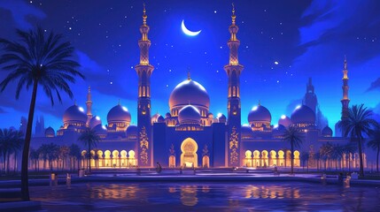 Wall Mural - Illustration of Mosque with Domes and Minarets under Crescent Moon at Night 