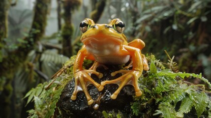 Wall Mural - Golden Tree Frog Perched on a Rock in Lush Rainforest