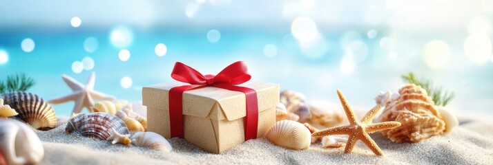 Gift box on sunny sandy beach with shells starfish for holiday closeup view