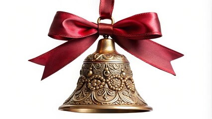 A gilded bell, its surface richly ornamented, adorned with a crimson ribbon tied in a graceful bow, hangs against a stark white backdrop.