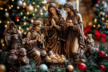 Nativity Scene with Praying Figures and Christmas Decor, featuring statues of Mary, Joseph, and baby Jesus, celebrating the birth of Christ.