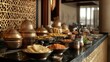 © 69 - A lavish buffet spread featuring an assortment of Indian curries, naan, and breads, vibrant spices and aromatic dishes creating a feast for the senses.