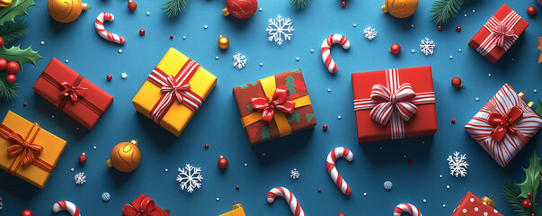 A cheerful banner with wrapped gift boxes in various sizes, set against a festive background of candy canes, snowflakes 