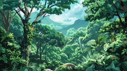 Wall Mural - a lush green forest landscape with overhanging trees and a glimpse of distant mountains