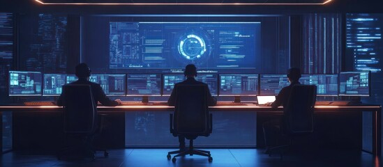 Wall Mural - three people working in a dark room with many computer screens, looking at the large central screen 