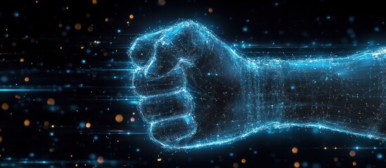 Sticker - a glowing blue fist made of particles on a dark background with sparkling lights.