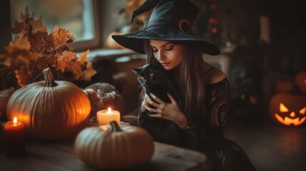 portrait of a witch in costume with pumpkins.