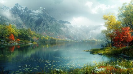 Wall Mural - Serene Mountain Lake Autumn Landscape