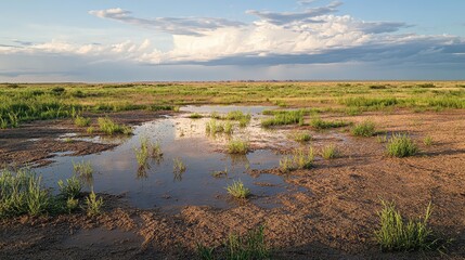 A wide shot of a desert plain covered in small puddles and fresh green shoots of plants emerging after the rain