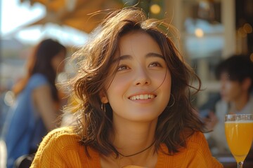 Joyful Reunion: Young Woman and Friends Smiling in Modern City Cafe