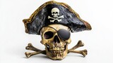 Closeup view of skull wearing pirate captain cap with crossing bone. The decoration element for Halloween.