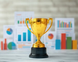 A shiny gold trophy in front of colorful business graphs, symbolizing achievement and success in performance metrics.