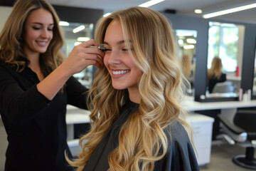 Woman, salon chair, stylist's hands busy braiding hair with focused expressions. Mirrors and hair products in the background, creating a bustling salon vibe.