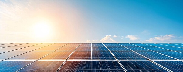 Editorial photography of solar panels gleaming under a clear blue sky, representing the future of clean energy