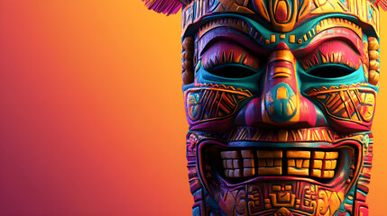 Colorful 3D tiki mask sculpture featuring bold designs and vibrant colors