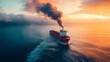 © The Origin 33 - freight ship releasing smoke into ocean at sunset creates dramatic scene
