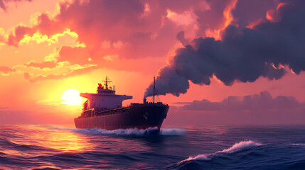 Cargo ship sailing across ocean at sunset, creating serene atmosphere