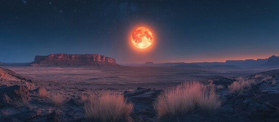 a large, bright, orange moon in the night sky over a vast, rocky, desert landscape, illuminated by t