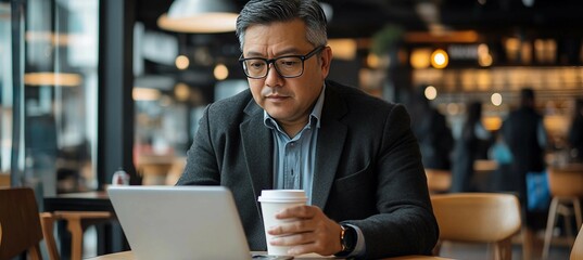 Focused Businessman Working on Laptop in Cafe