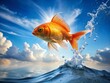 © Four888 - Goldfish Jumping to New Heights: A Symbol of Improvement and Growth in Personal Development and Motivation Concepts