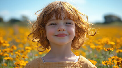 Poster - A cheerful child beams in a sunny field, surrounded by wildflowers, exuding pure joy and the spirit of playfulness.