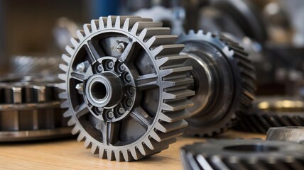 A mechanical gear, intricately detailed, representing industry, precision, and motion.