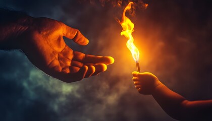 A captivating image of a hand passing fire to a child's hand, symbolizing warmth, guidance, and connection.